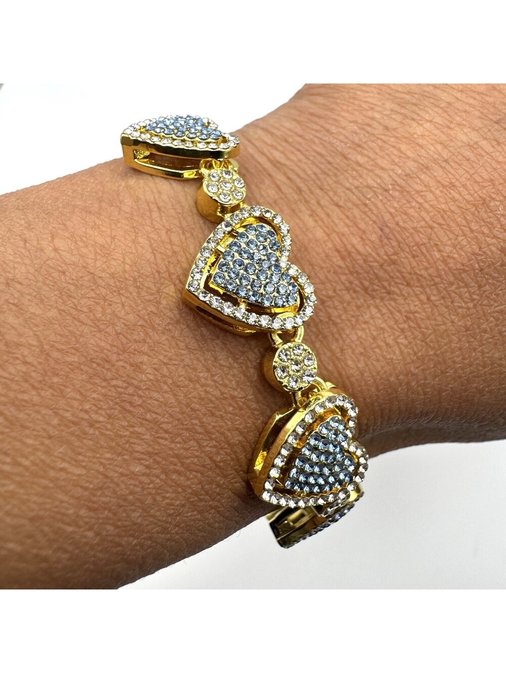 Gold Tone Heart Charm Bracelet with Blue and Clear Rhinestones
